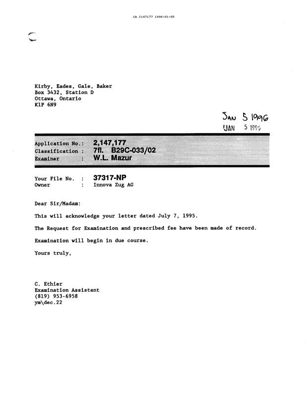 Document de brevet canadien 2147177. Lettre du bureau 19960105. Image 1 de 1