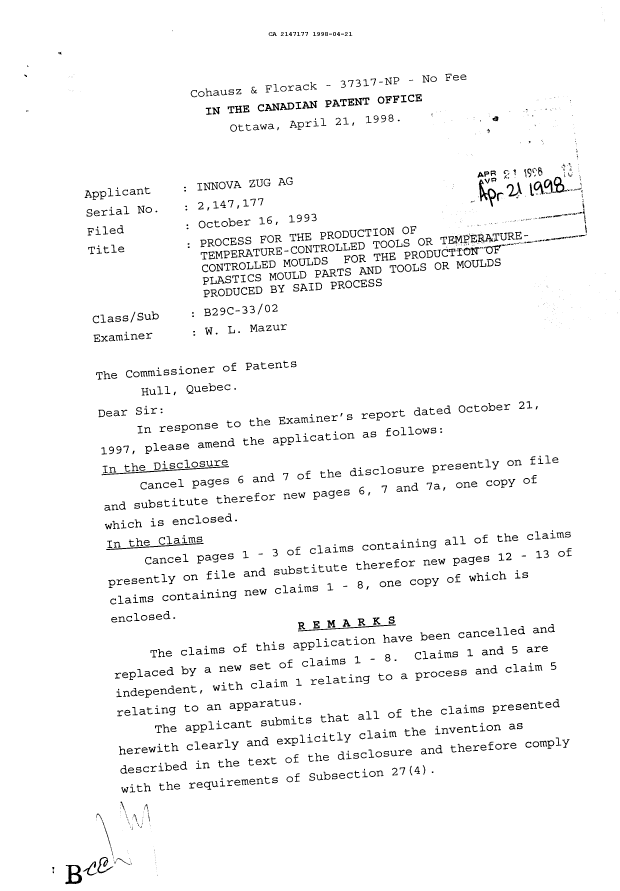 Canadian Patent Document 2147177. Prosecution Correspondence 19980421. Image 1 of 2