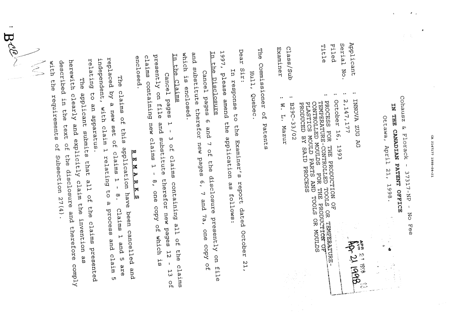 Document de brevet canadien 2147177. Correspondance de la poursuite 19980421. Image 1 de 2