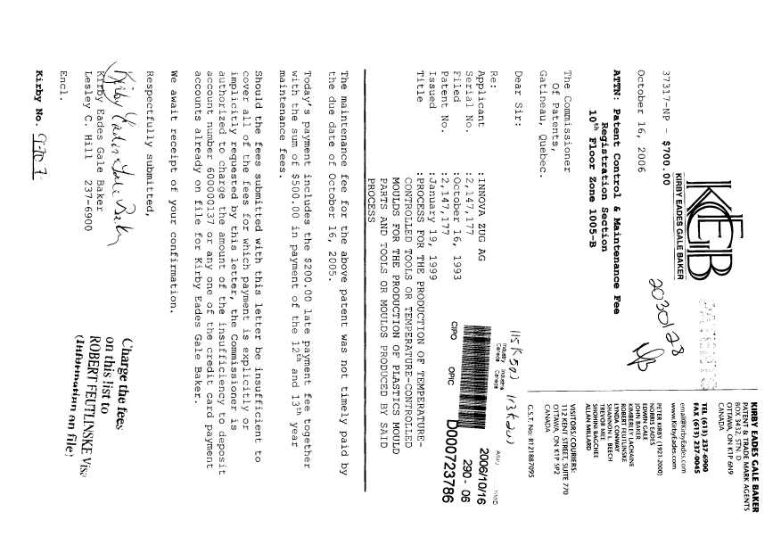 Document de brevet canadien 2147177. Taxes 20061016. Image 1 de 1