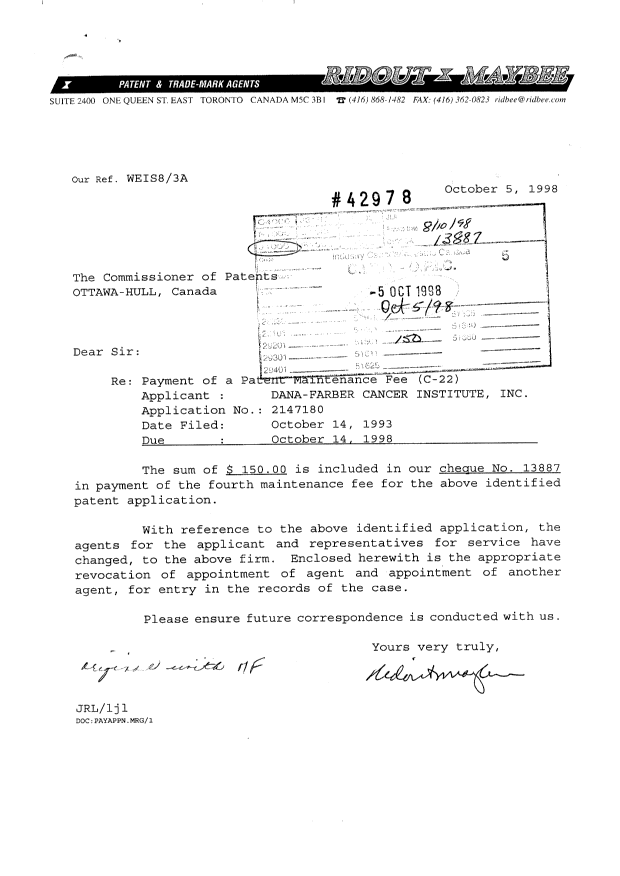 Canadian Patent Document 2147180. Correspondence 19981005. Image 1 of 4