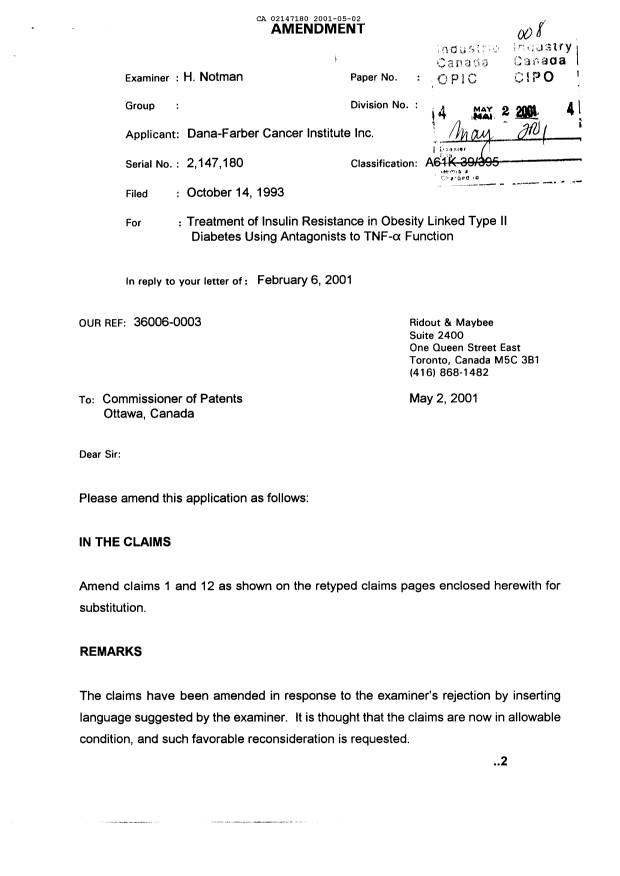 Canadian Patent Document 2147180. Prosecution-Amendment 20010502. Image 1 of 4