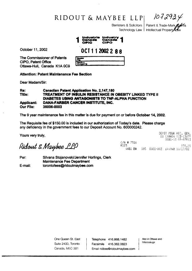 Canadian Patent Document 2147180. Fees 20021011. Image 1 of 1