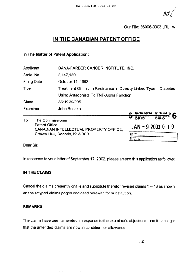 Canadian Patent Document 2147180. Prosecution-Amendment 20030109. Image 1 of 4