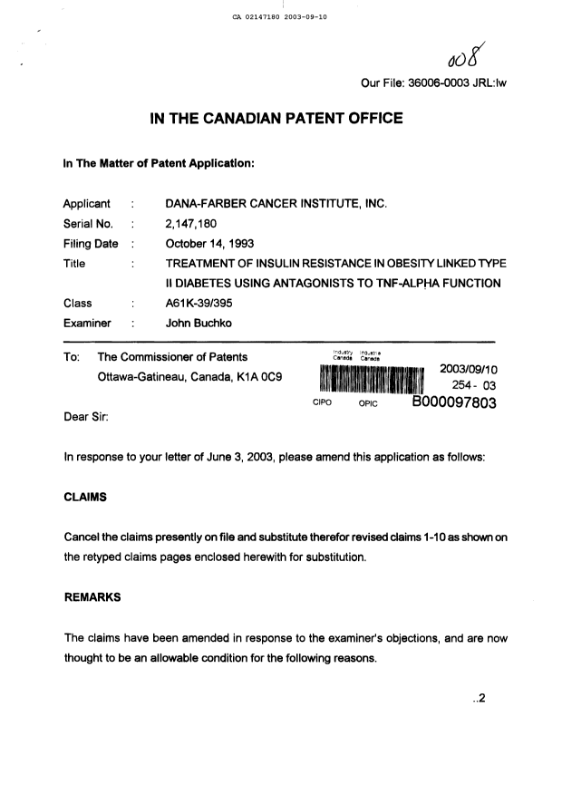 Document de brevet canadien 2147180. Poursuite-Amendment 20030910. Image 1 de 4