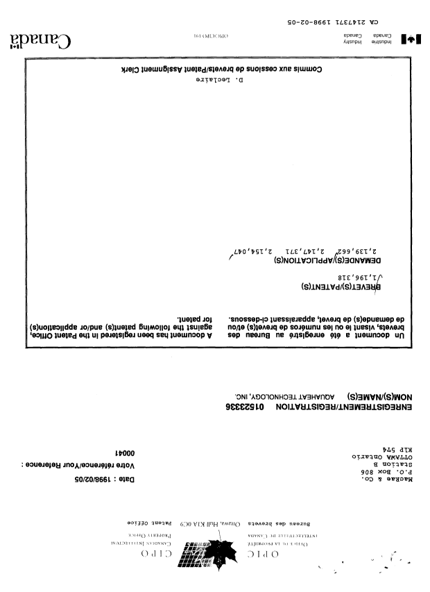 Document de brevet canadien 2147371. Cession 19971205. Image 1 de 2