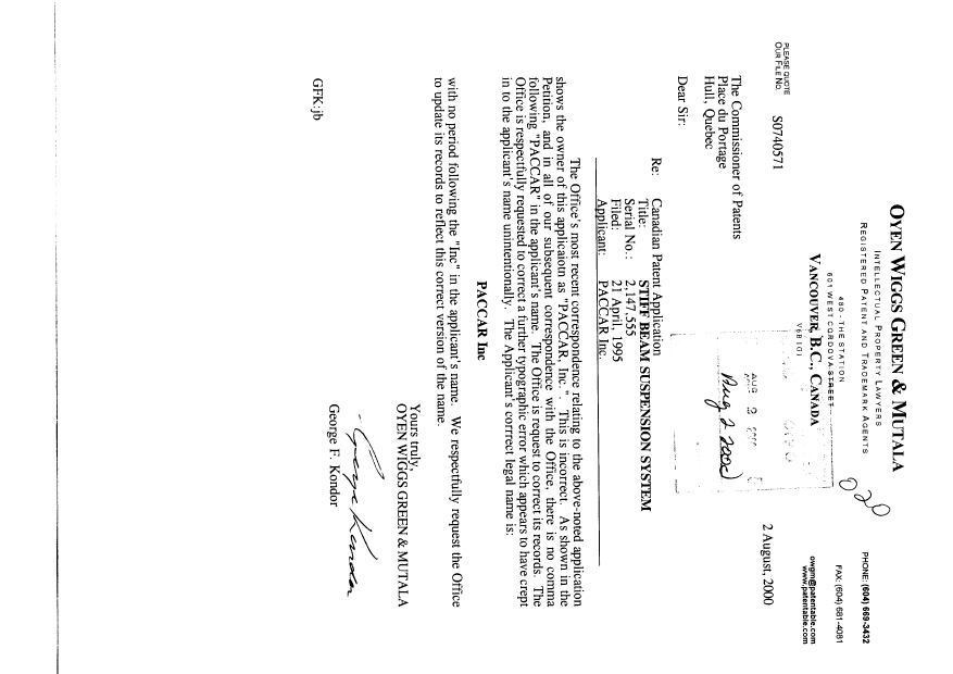 Canadian Patent Document 2147555. Correspondence 20000802. Image 1 of 1