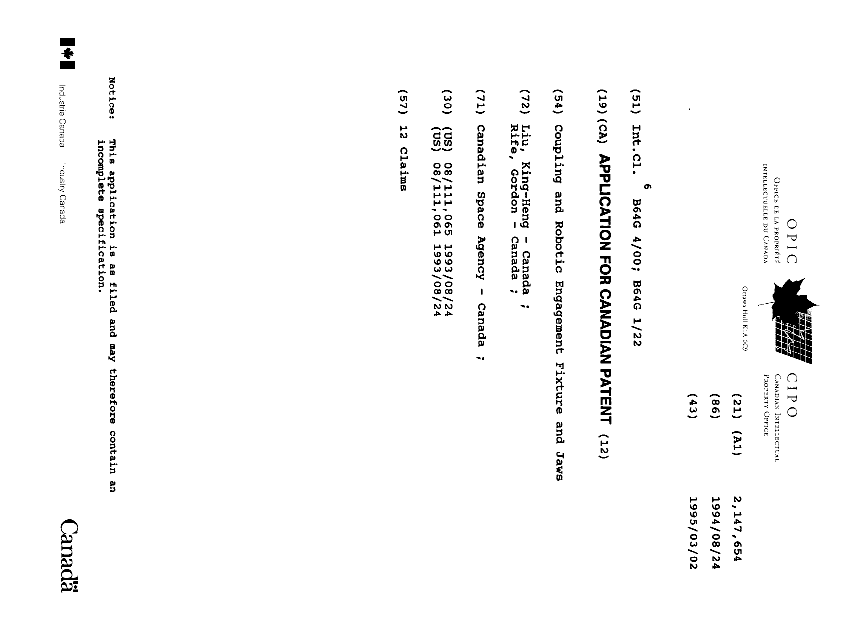 Document de brevet canadien 2147654. Page couverture 19941215. Image 1 de 1