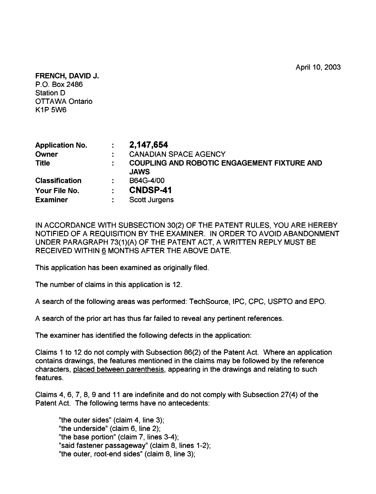 Document de brevet canadien 2147654. Poursuite-Amendment 20021210. Image 1 de 2