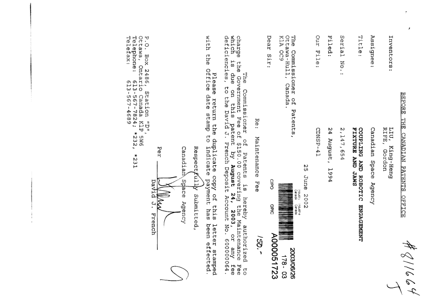 Document de brevet canadien 2147654. Taxes 20030626. Image 1 de 1