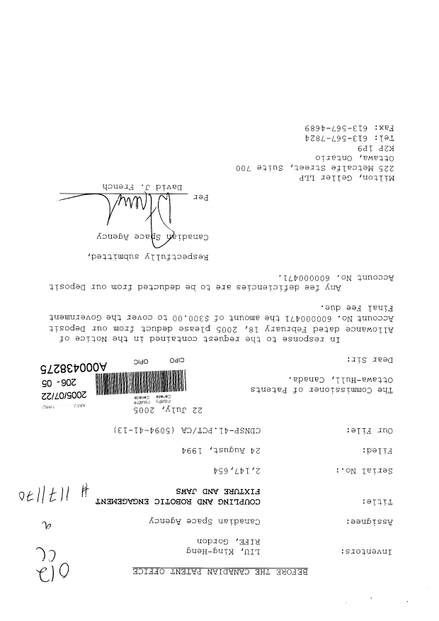 Canadian Patent Document 2147654. Correspondence 20050722. Image 1 of 1