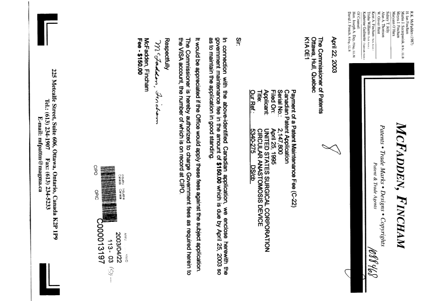 Document de brevet canadien 2147800. Taxes 20030422. Image 1 de 1