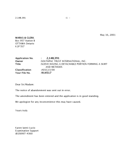 Canadian Patent Document 2148391. Correspondence 20010516. Image 1 of 1