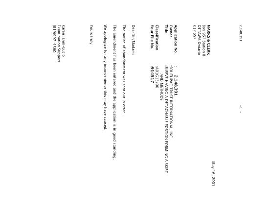 Document de brevet canadien 2148391. Correspondance 20010516. Image 1 de 1