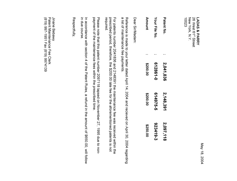 Document de brevet canadien 2148391. Correspondance 20040518. Image 1 de 1