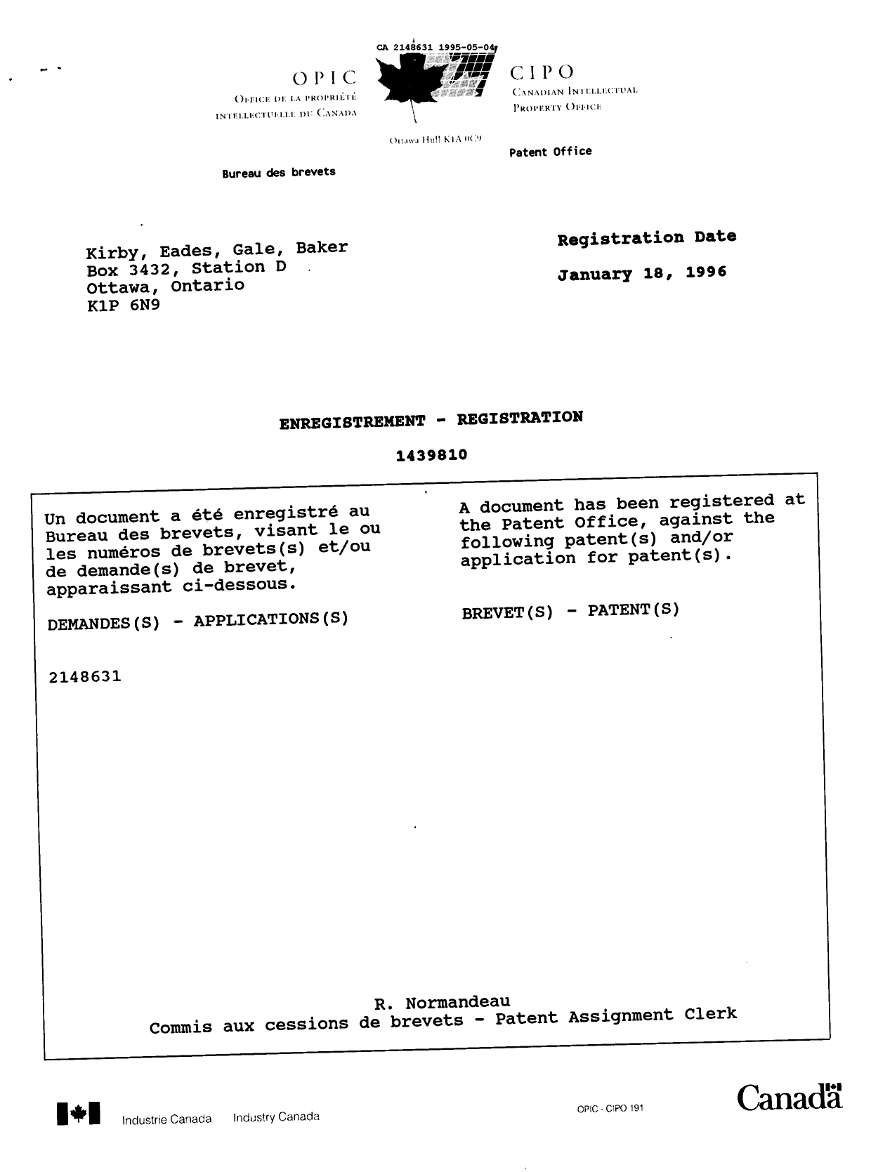 Document de brevet canadien 2148631. Correspondance de la poursuite 19950504. Image 1 de 17