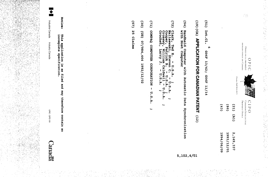 Canadian Patent Document 2149337. Cover Page 19940609. Image 1 of 1