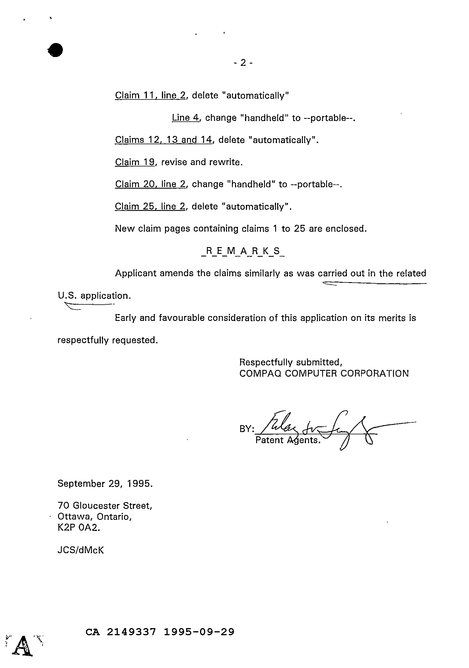 Canadian Patent Document 2149337. Prosecution Correspondence 19950929. Image 2 of 7