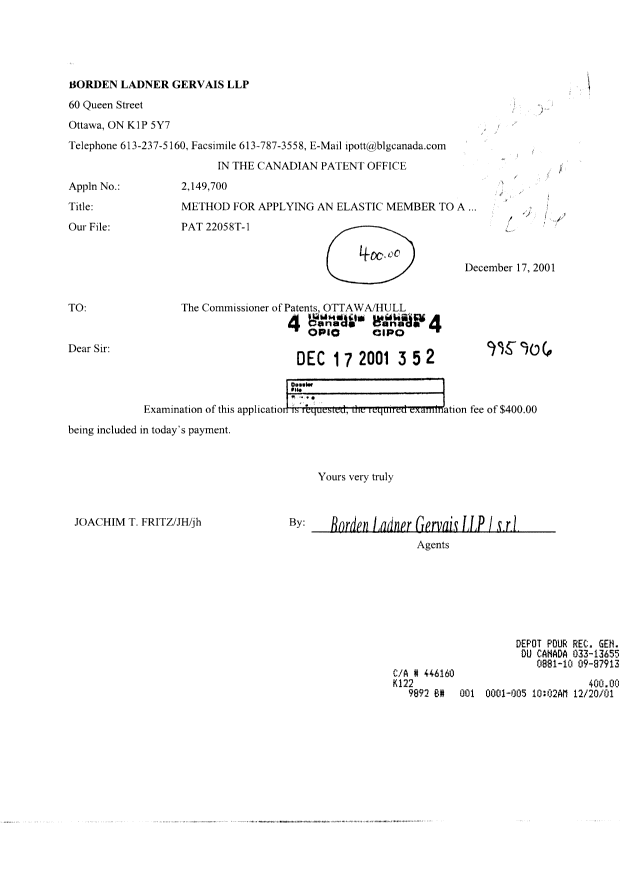 Document de brevet canadien 2149700. Poursuite-Amendment 20011217. Image 1 de 1