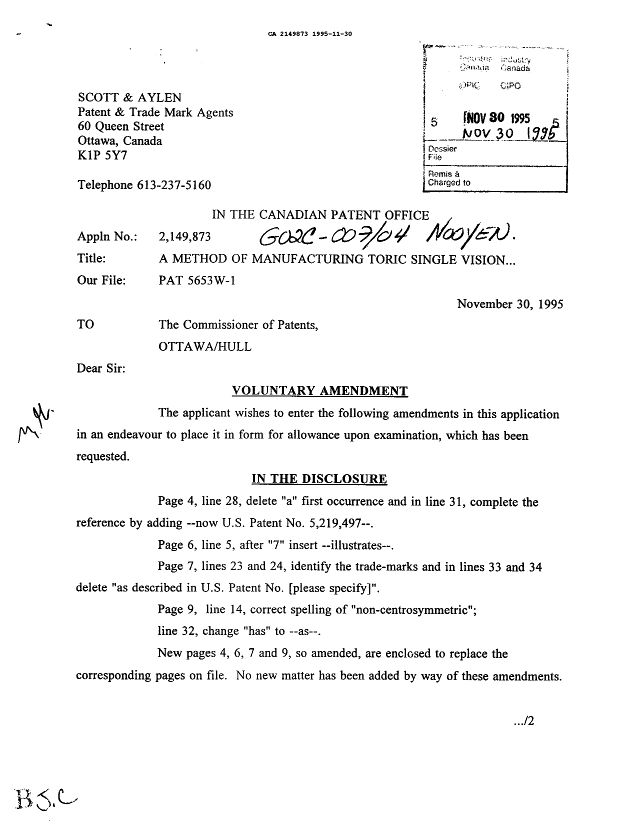 Canadian Patent Document 2149873. Prosecution-Amendment 19941230. Image 1 of 2