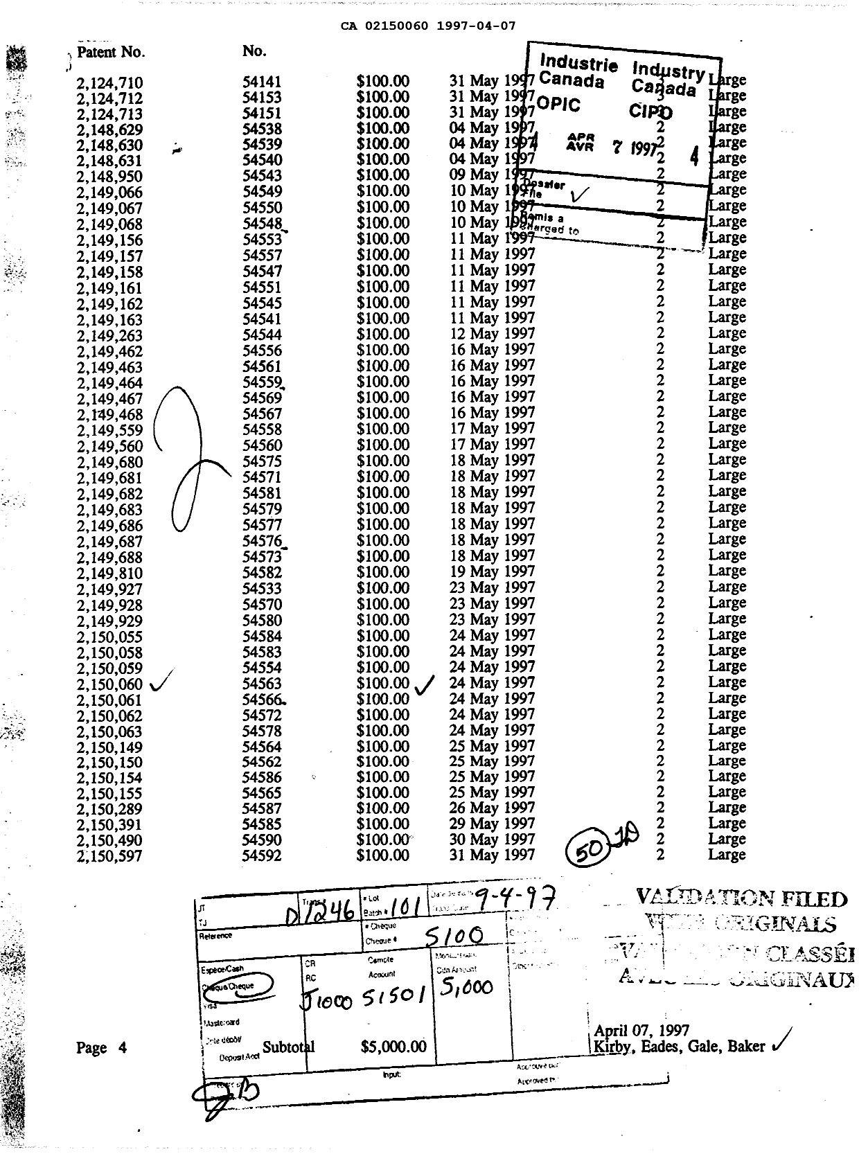 Document de brevet canadien 2150060. Taxes 19970407. Image 1 de 1