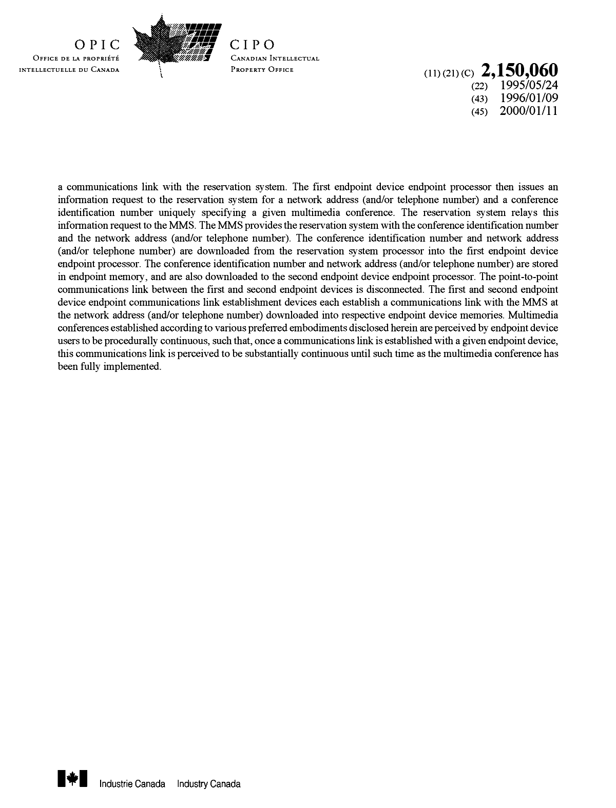 Document de brevet canadien 2150060. Page couverture 19991222. Image 2 de 2