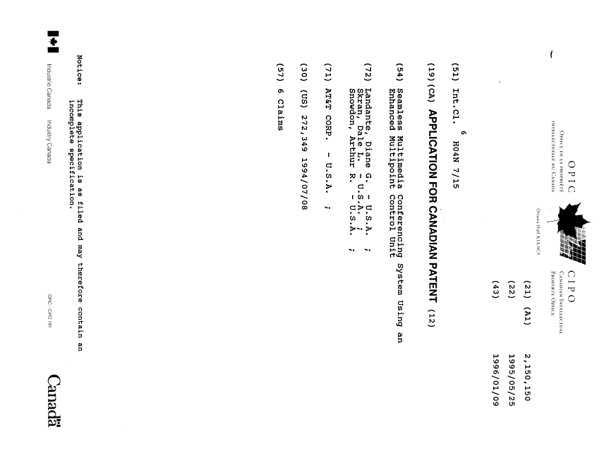 Document de brevet canadien 2150150. Page couverture 19960227. Image 1 de 1