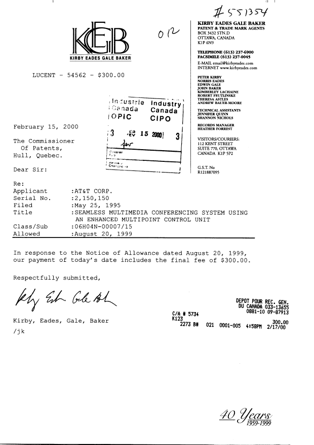 Document de brevet canadien 2150150. Correspondance 20000215. Image 1 de 1