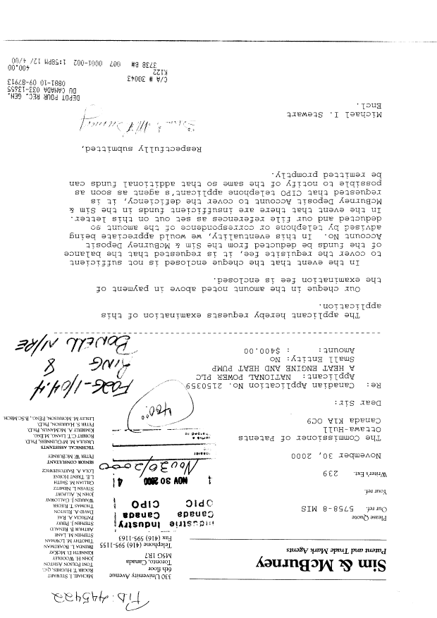 Canadian Patent Document 2150359. Prosecution-Amendment 20001130. Image 1 of 1