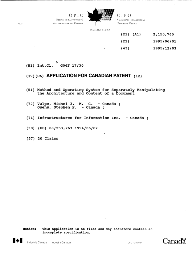 Canadian Patent Document 2150765. Cover Page 19960130. Image 1 of 1