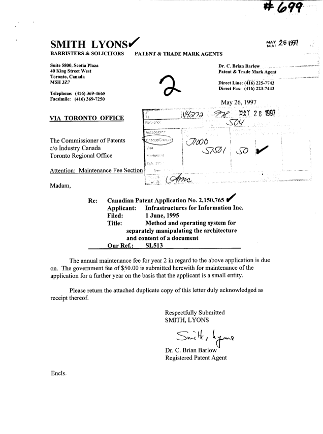 Canadian Patent Document 2150765. Fees 19970526. Image 1 of 1