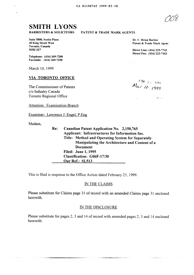 Canadian Patent Document 2150765. Prosecution-Amendment 19990310. Image 1 of 6