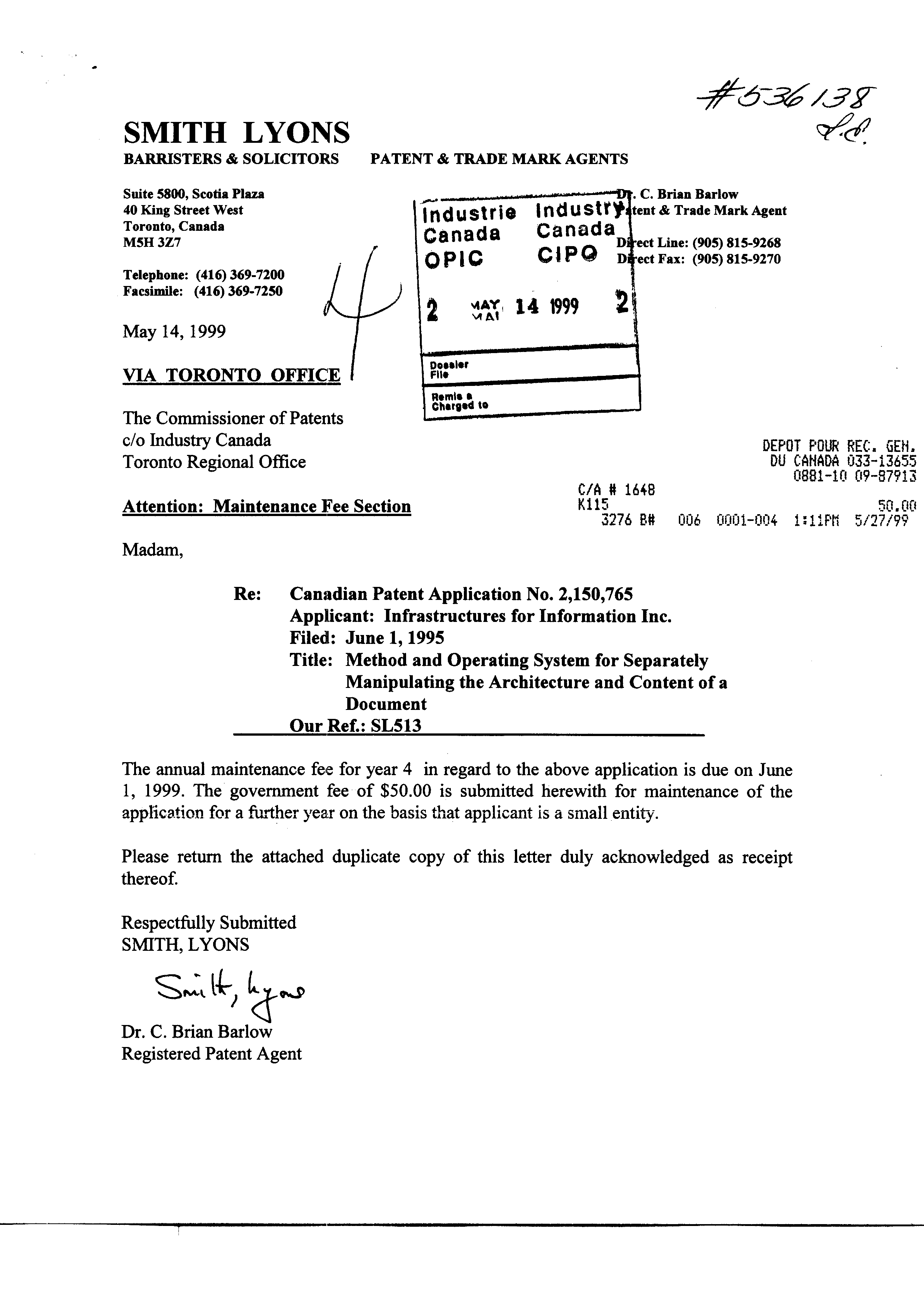 Canadian Patent Document 2150765. Fees 19990514. Image 1 of 1