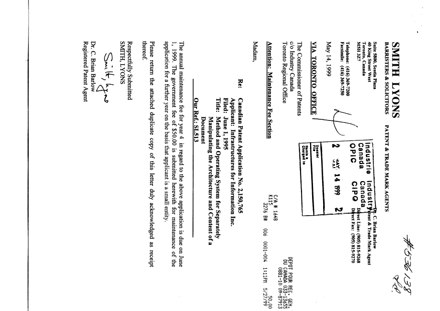 Document de brevet canadien 2150765. Taxes 19990514. Image 1 de 1