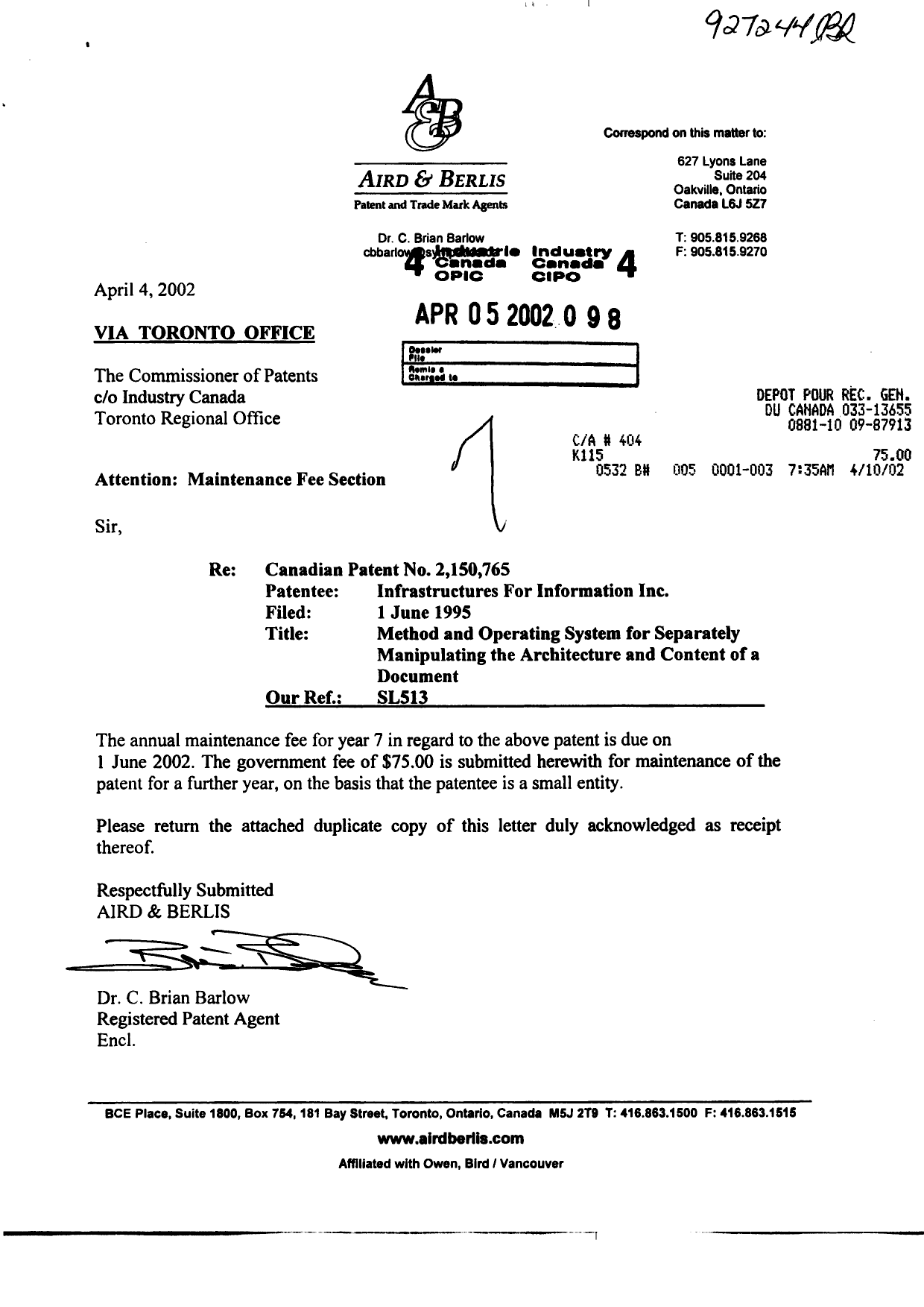 Canadian Patent Document 2150765. Fees 20020405. Image 1 of 1