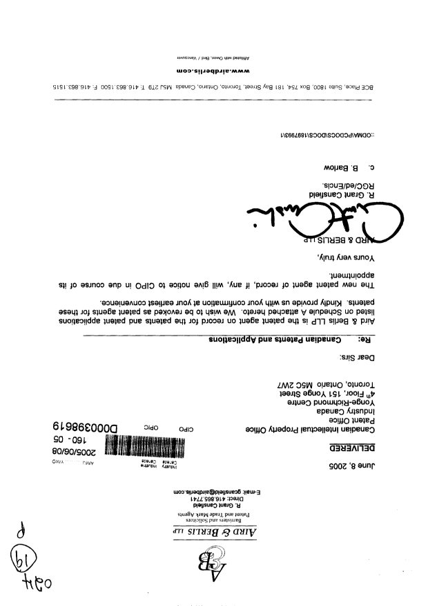 Canadian Patent Document 2150765. Correspondence 20050608. Image 1 of 3