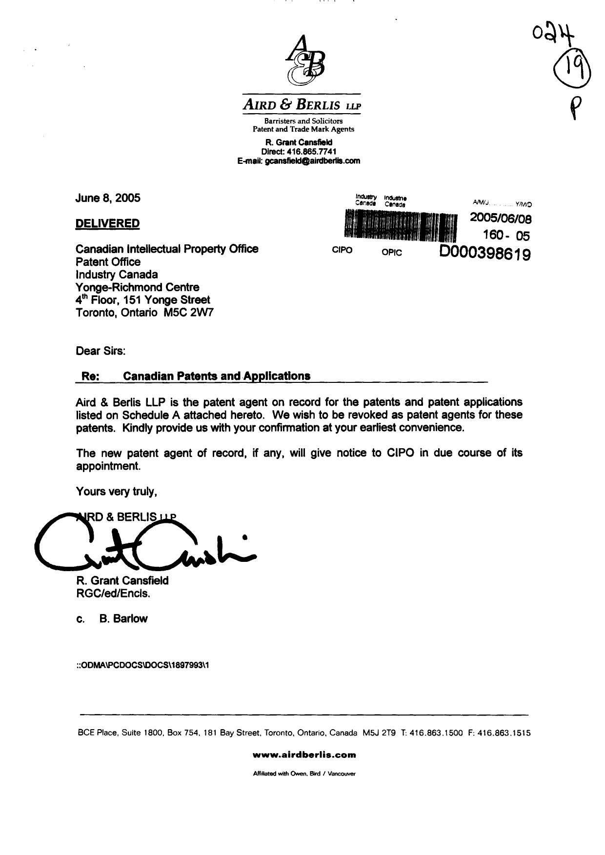 Document de brevet canadien 2150765. Correspondance 20050608. Image 1 de 3