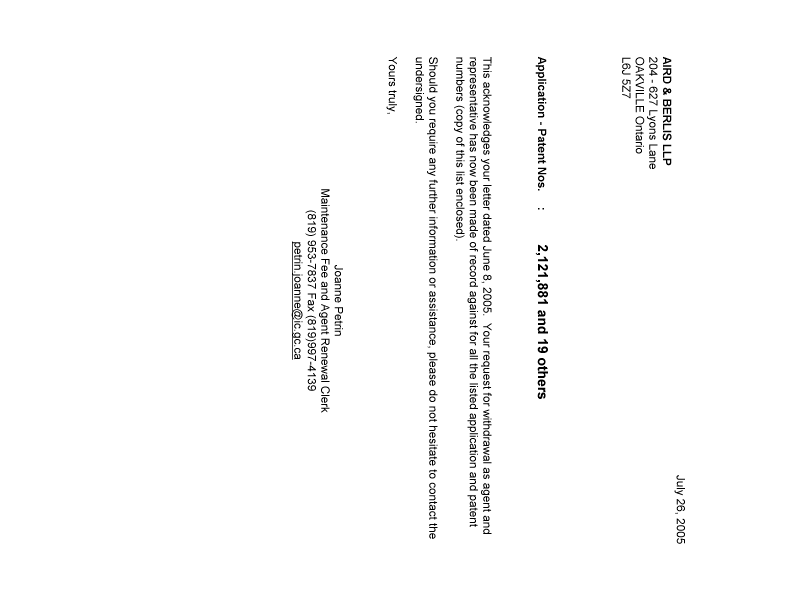 Document de brevet canadien 2150765. Correspondance 20050726. Image 1 de 1