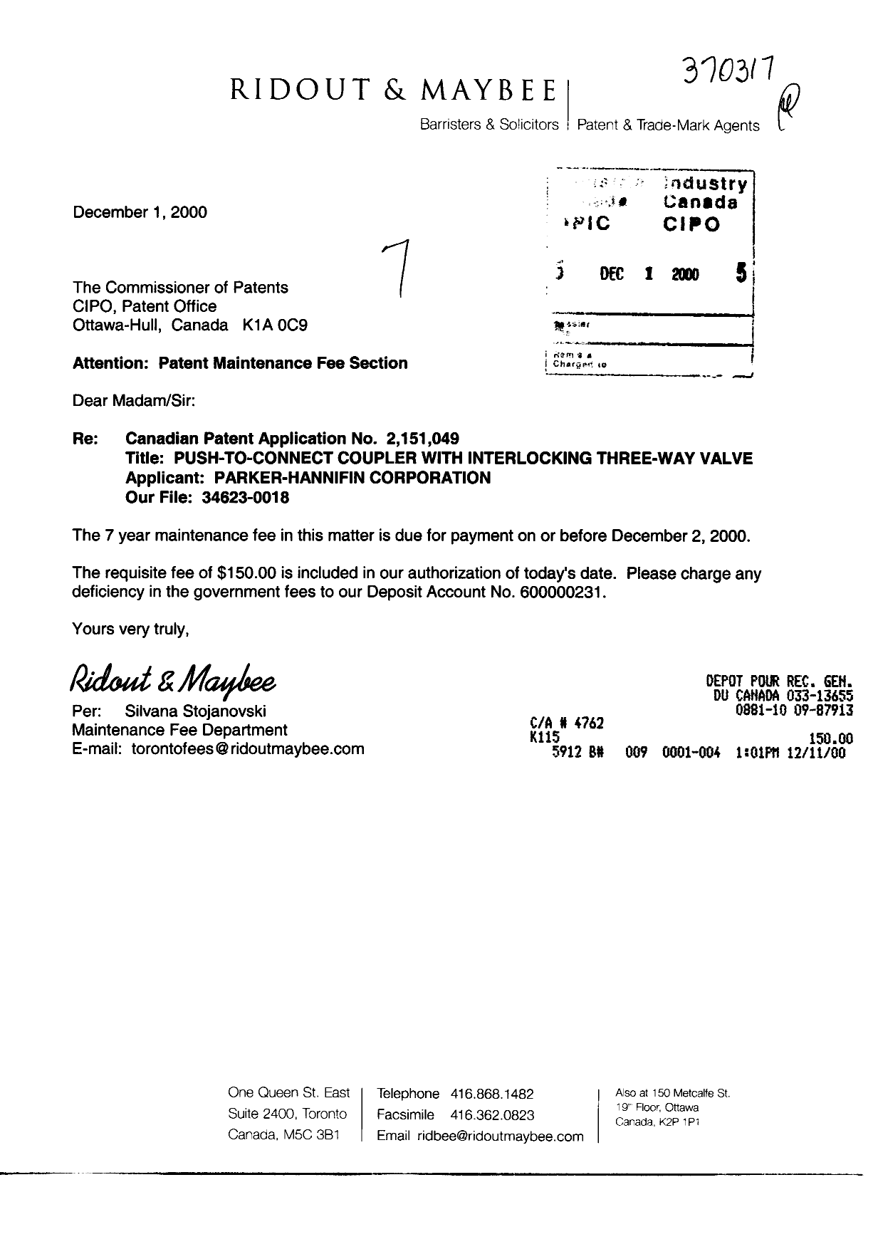 Document de brevet canadien 2151049. Taxes 20001201. Image 1 de 1