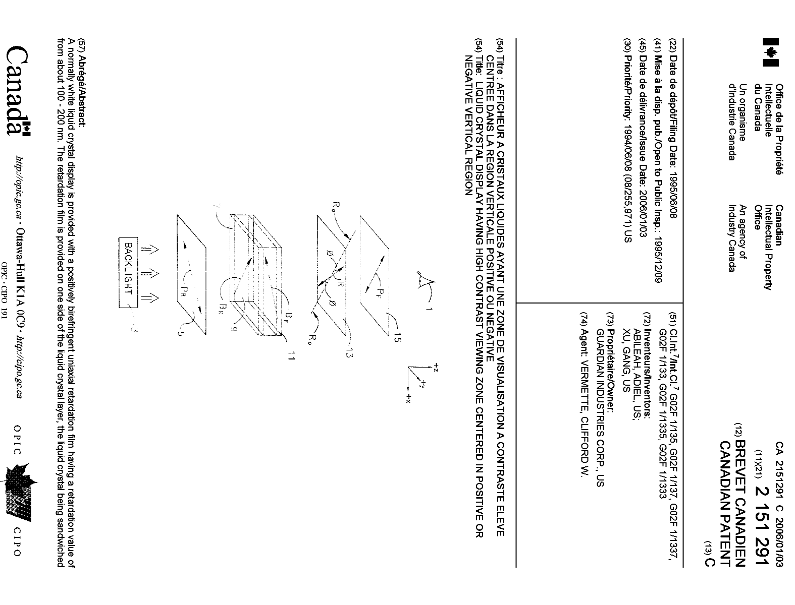 Canadian Patent Document 2151291. Cover Page 20051202. Image 1 of 2