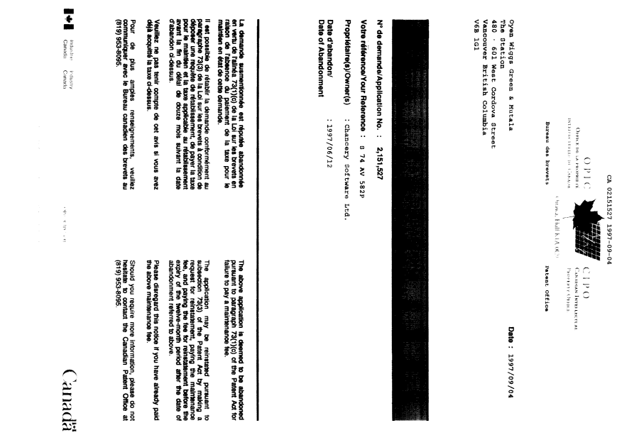 Document de brevet canadien 2151527. Taxes 19970904. Image 1 de 2