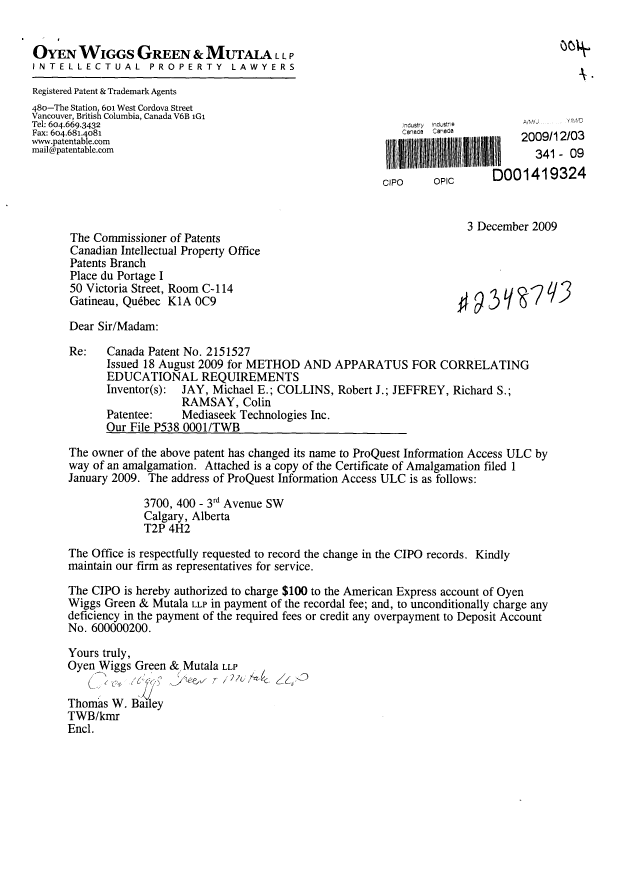 Document de brevet canadien 2151527. Cession 20091203. Image 1 de 10