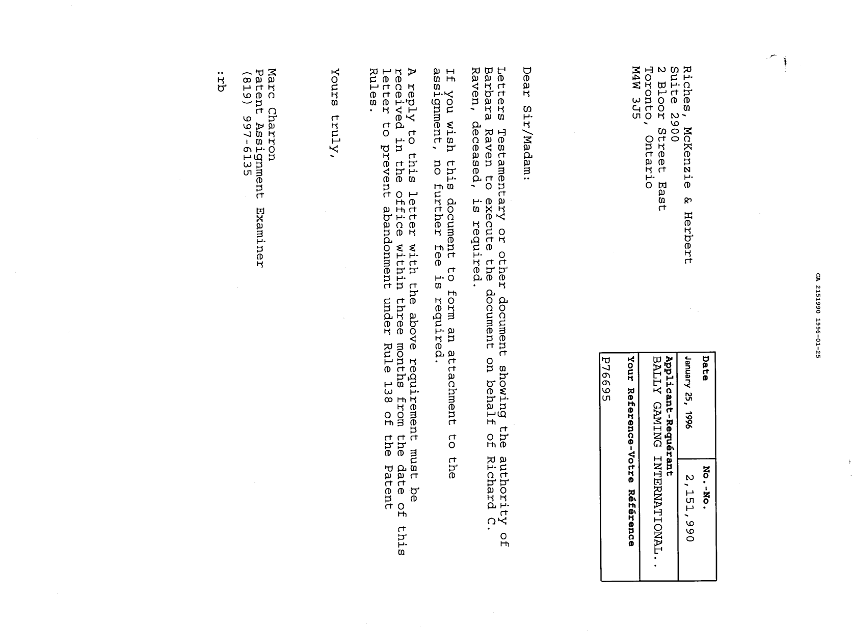 Document de brevet canadien 2151990. Correspondance 19951225. Image 1 de 1