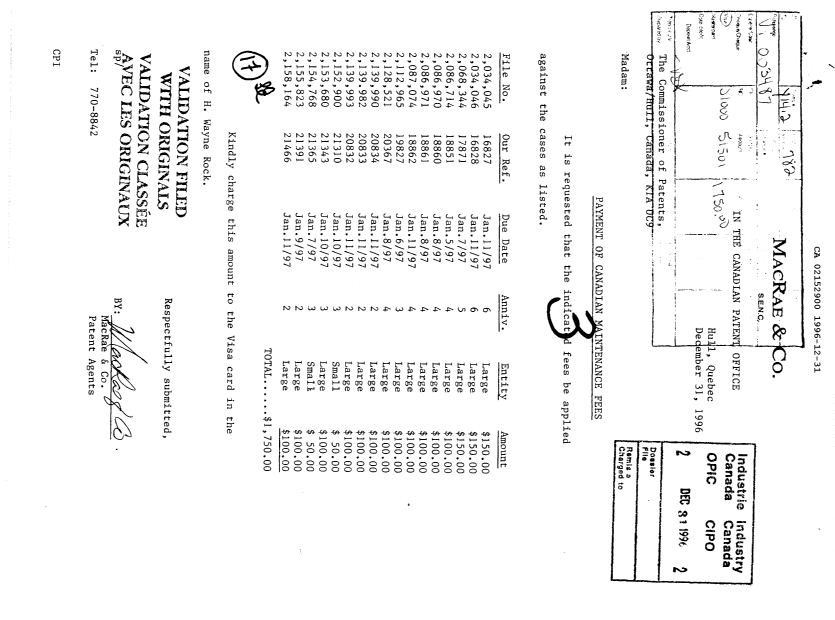 Document de brevet canadien 2152900. Taxes 19961231. Image 1 de 1