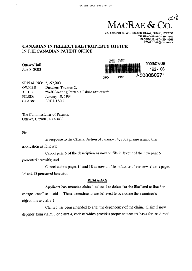 Document de brevet canadien 2152900. Poursuite-Amendment 20030708. Image 1 de 5