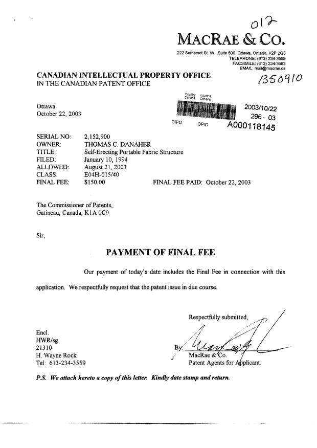 Canadian Patent Document 2152900. Correspondence 20031022. Image 1 of 1