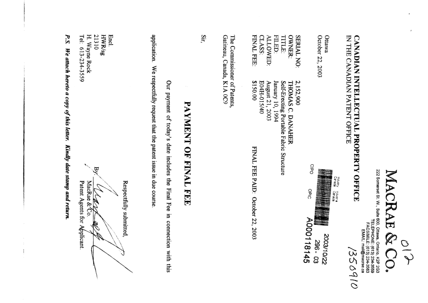 Document de brevet canadien 2152900. Correspondance 20031022. Image 1 de 1