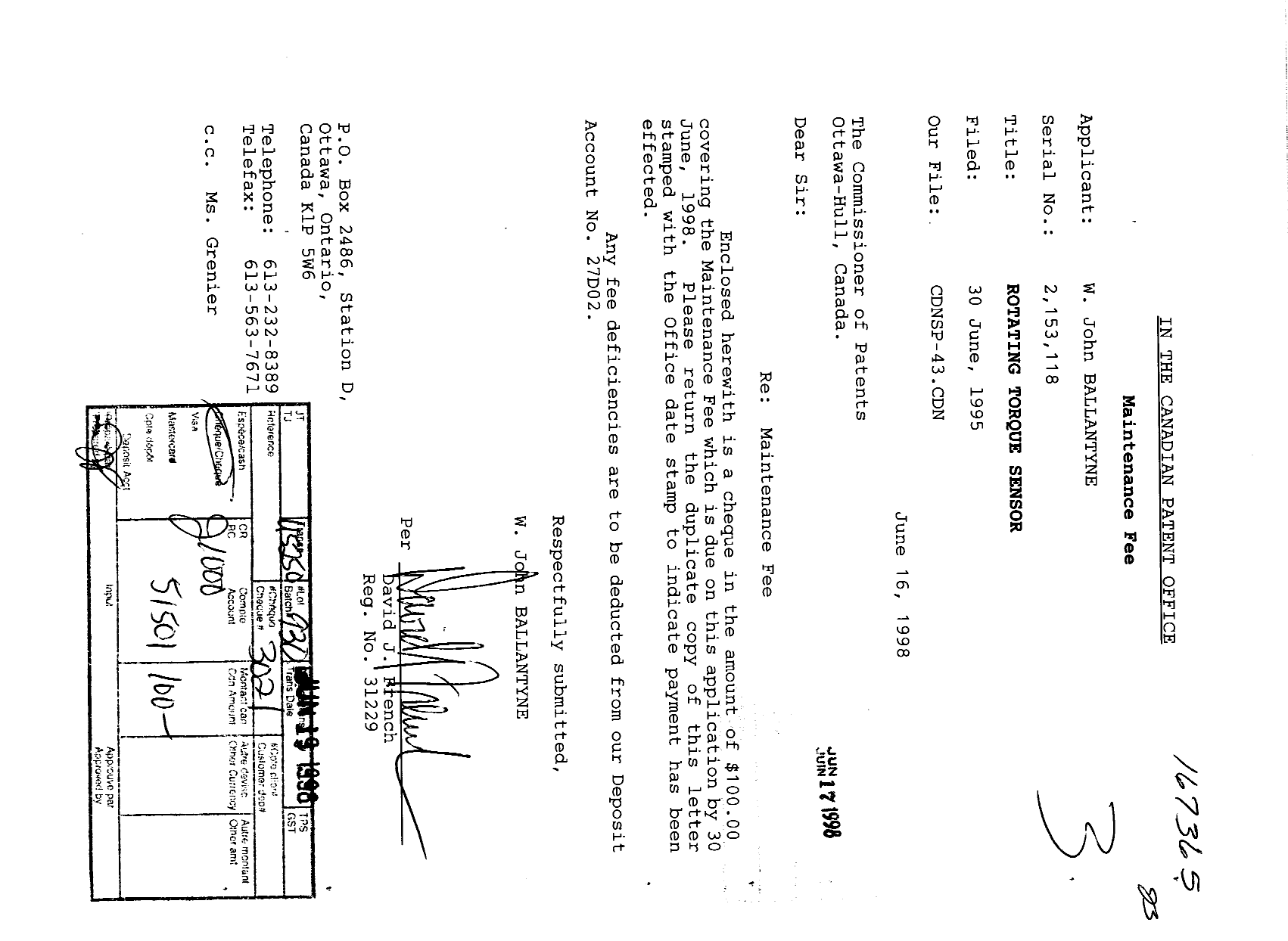 Canadian Patent Document 2153118. Fees 19971217. Image 1 of 1