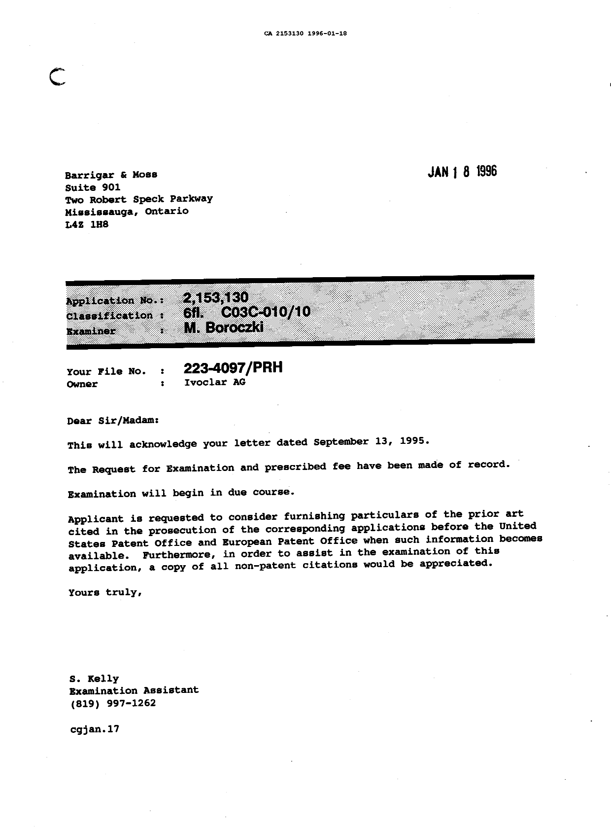 Document de brevet canadien 2153130. Lettre du bureau 19960118. Image 1 de 1