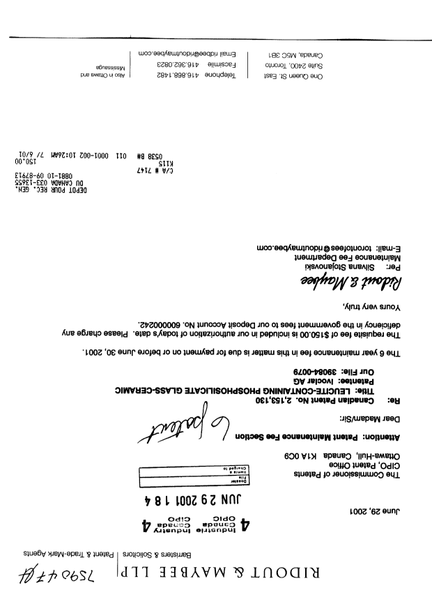 Canadian Patent Document 2153130. Fees 20010629. Image 1 of 1